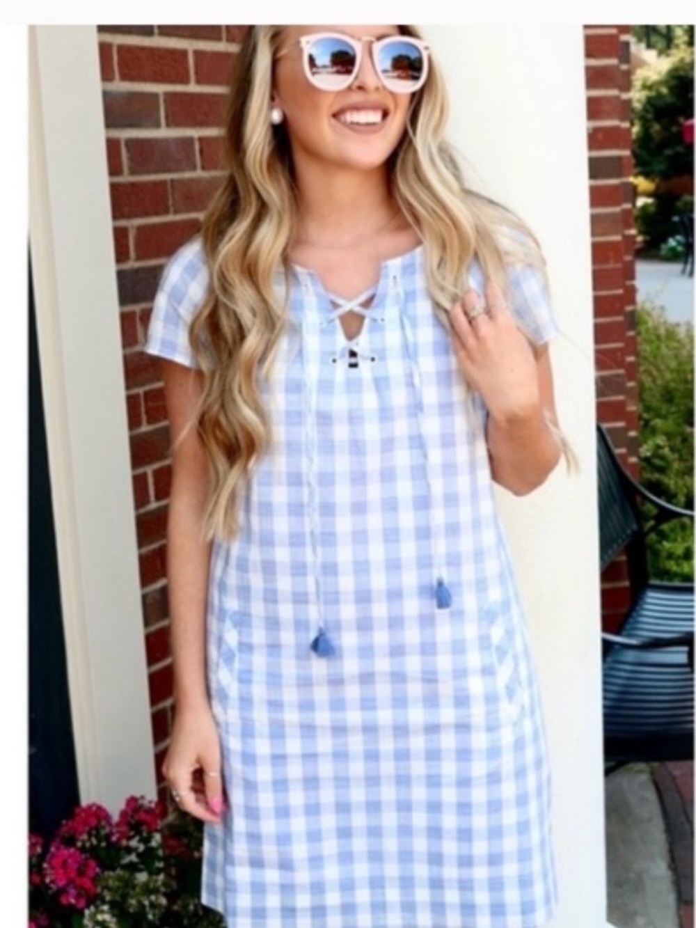 Southern Tide Dutch Blue Gingham Lace-Up Shift Dress